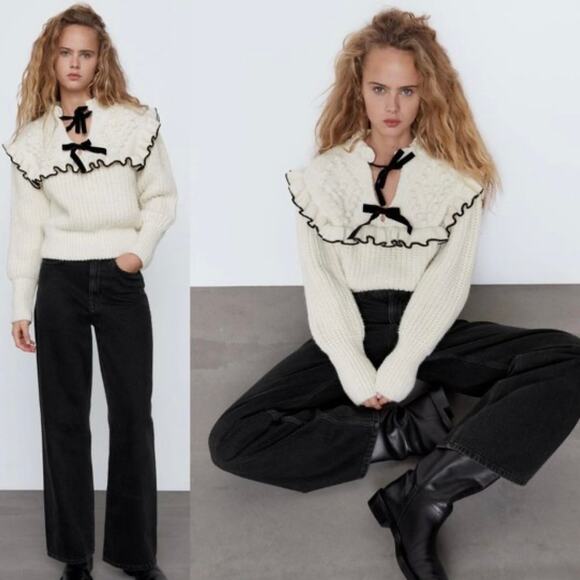 Zara Bow Tie Knit Ruffle Sweater Size Medium 5802/008/064‎ - Picture 4 of 13
